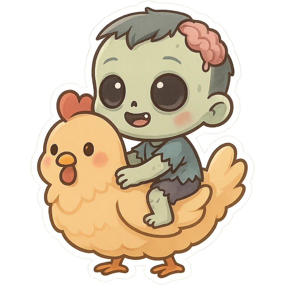 cute chibi duo, big-eyed zombie riding a fluffy chicken, chicken jockey emoji