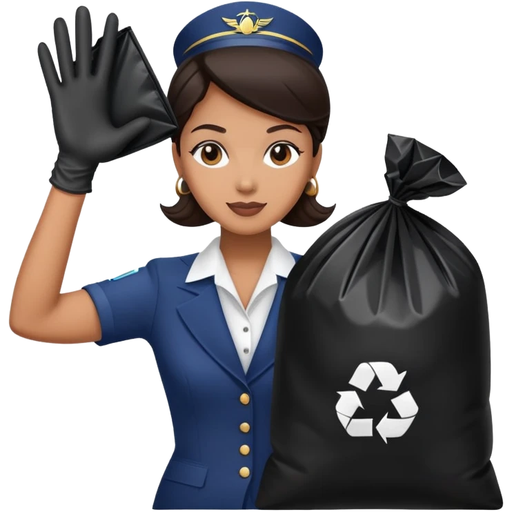 Flight attendant with glove on & a large trash bag in her hand emoji