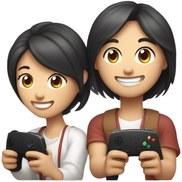 Cute asian couple happily playing video games emoji