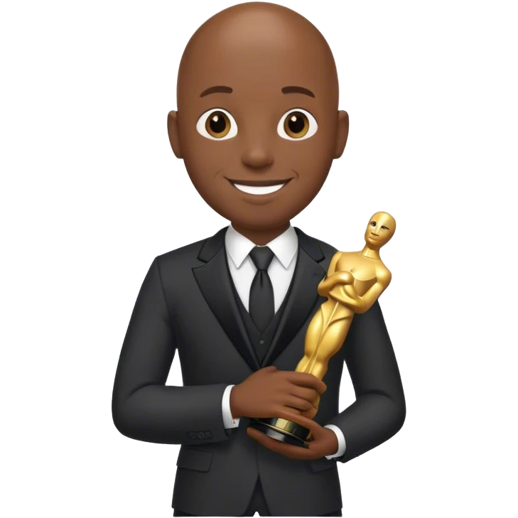smiling bald black man in suit holding an Oscar emoji
