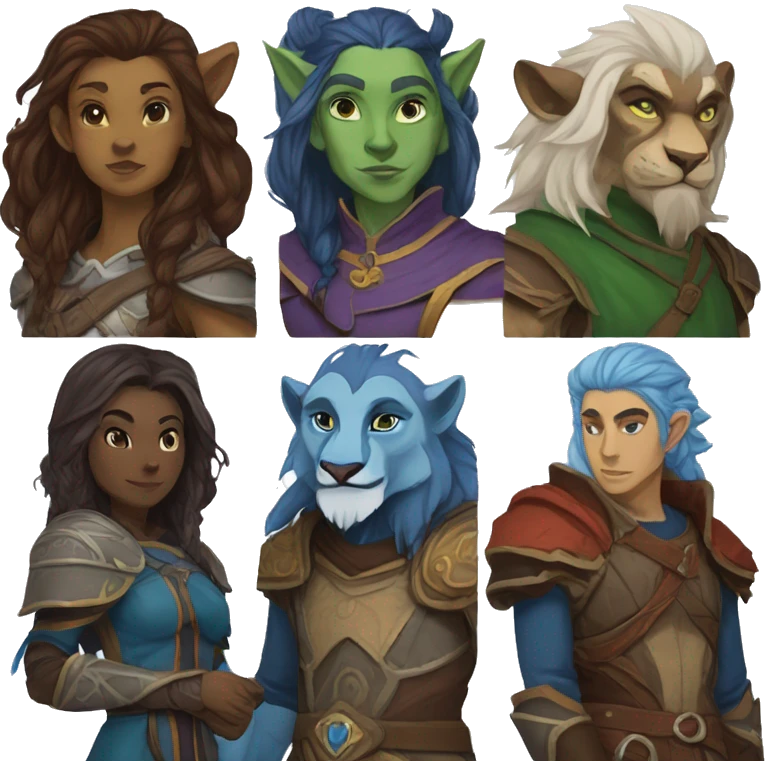 A dungeons and dragons team consisting of a human rogue,a blue Druid firbolg, a lion paladin and a female elf wizard emoji
