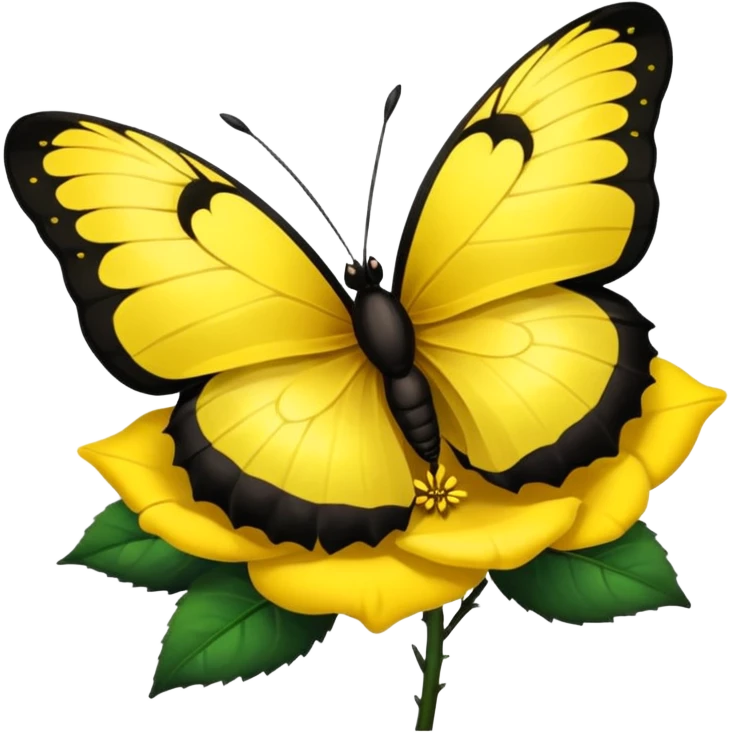 REALISTIC detailed black rose, bright yellow butterfly resting on petals emoji