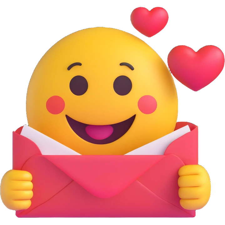 3D smiley emoji, round shape, in love, with a love letter, smiling face, no body emoji