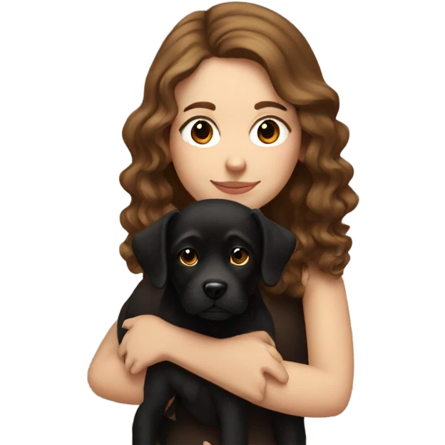 white girl with wavy brown hair holding black dog emoji