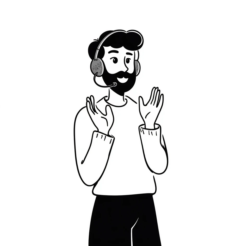 Anime style man with black hair, brown eyes, and black beard wearing gaming headset and clapping in celebration, anime art style emoji