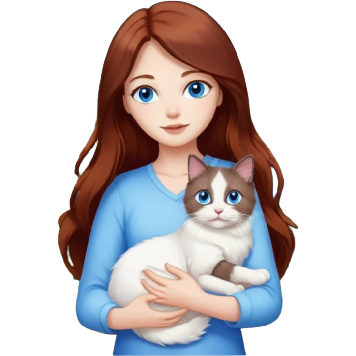 A woman with long dark auburn hair holding a white ragdoll cat in the garden of flowers emoji