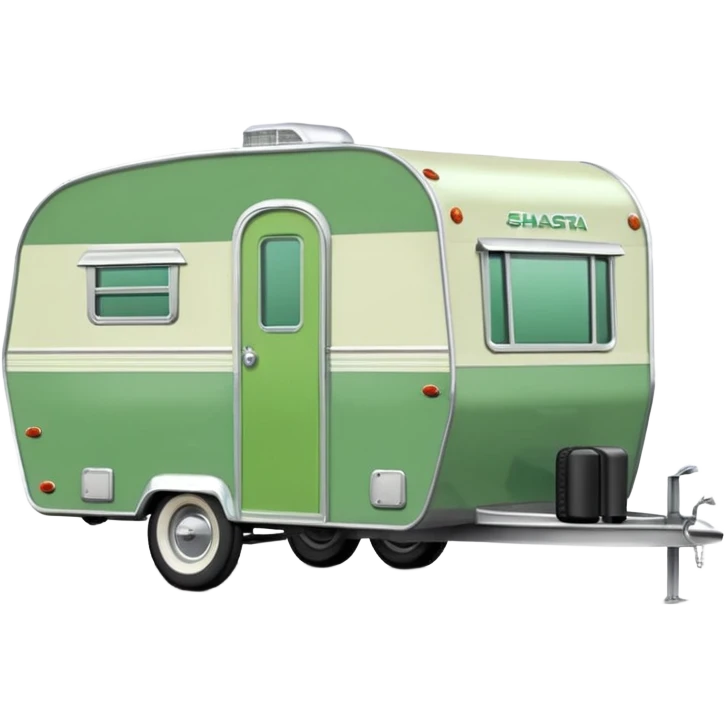 1960s Shasta trailer, single axle wheels, colored all green, the same green shade as movie trailer green preview card, light grey tires and grey hitch emoji
