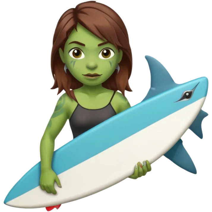 orc female holds a little surfboard with a shark painted vertically in his hands emoji