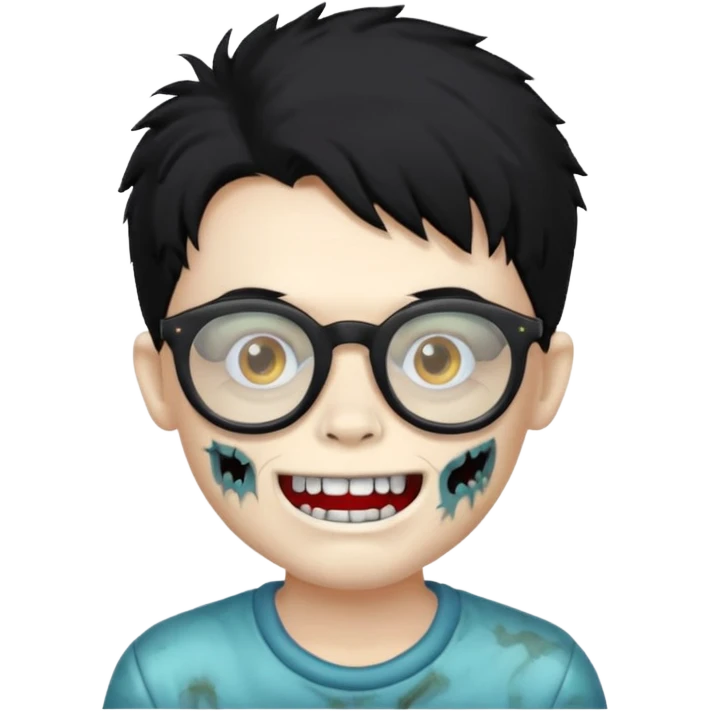 Zombie boy with fluffy hair wearing glasses while showing his white teeth emoji