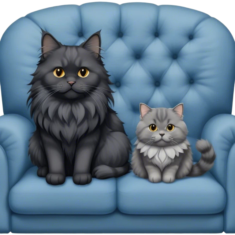 A large black smoke Maine Coon cat with long grey ear tufts and a fluffy grey ruff, sitting next to a chubby British Shorthair cat in blue color with plush fur, both sitting comfortably on a sofa. Beautiful room background with flowers and soft lighting. Transparent background. emoji