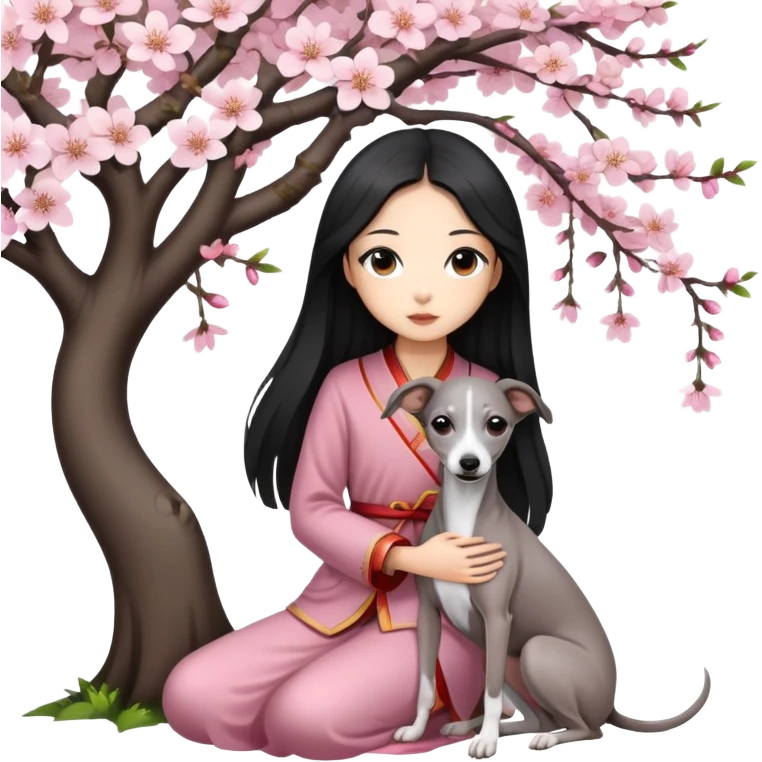 A young Chinese girl with long black hair and a dark grey Italian Greyhound with absolutely no white marks on its body or nose sitting under a cherry blossom tree emoji
