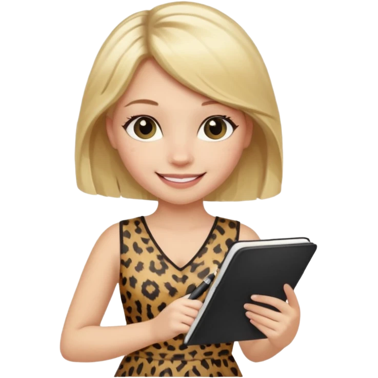 Blond hair girl with a leopard print dress and black leggings smiling holding a note book and a pen emoji