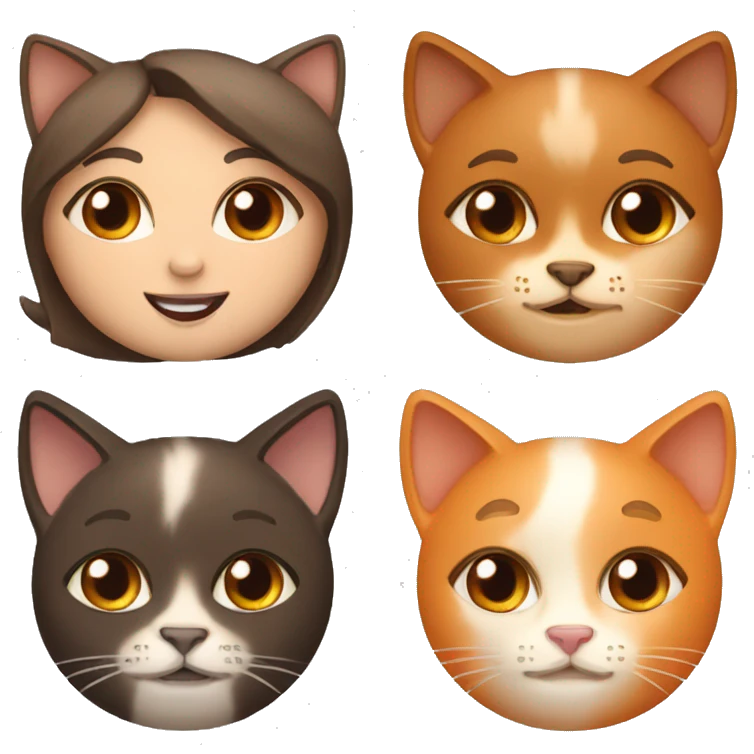 Girl with brown eyes and long brown hair with two cats on her sides: one orange and the other one Siamese emoji