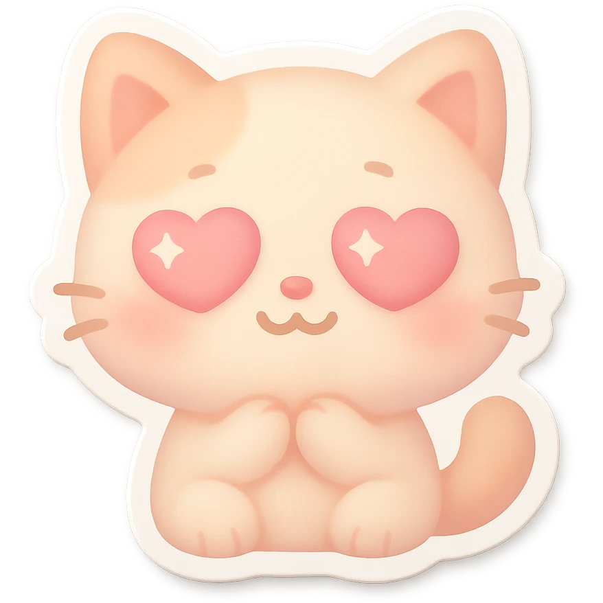 cute chibi cat close-up, sparkling heart eyes, pastel colors, die-cut sticker, white background, minimal vector illustration emoji