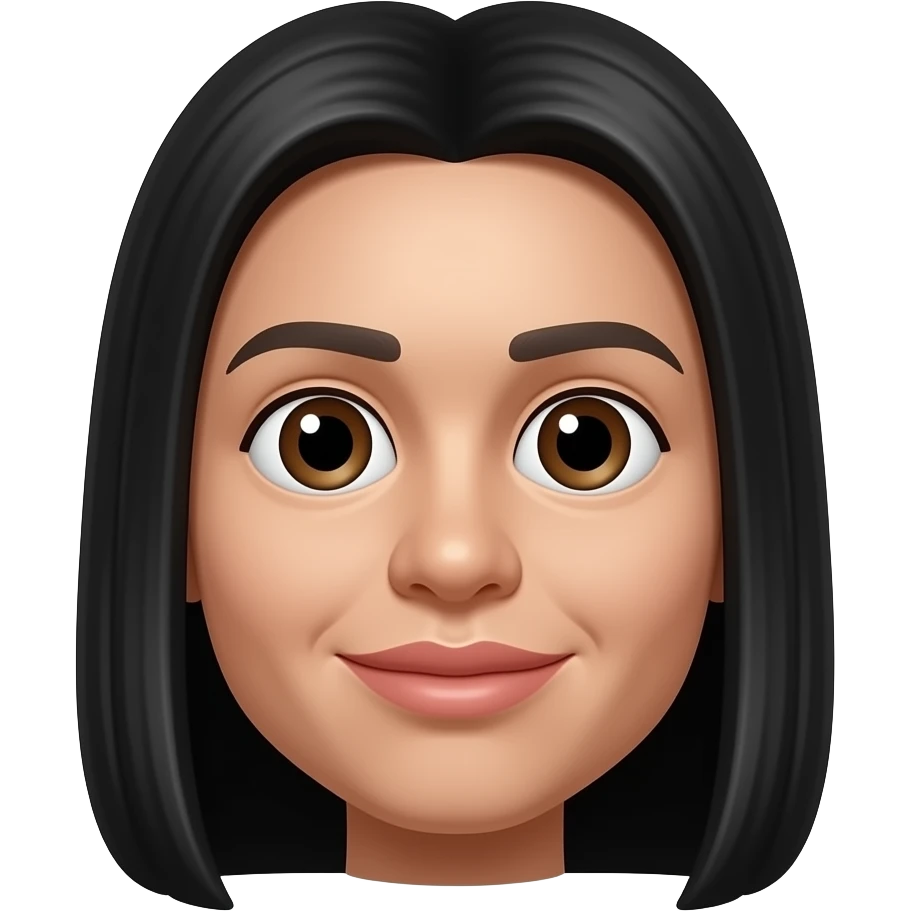 Long round face, a large nose, round small coffee eyes , thick pouty lips and long straight blackish hair emoji