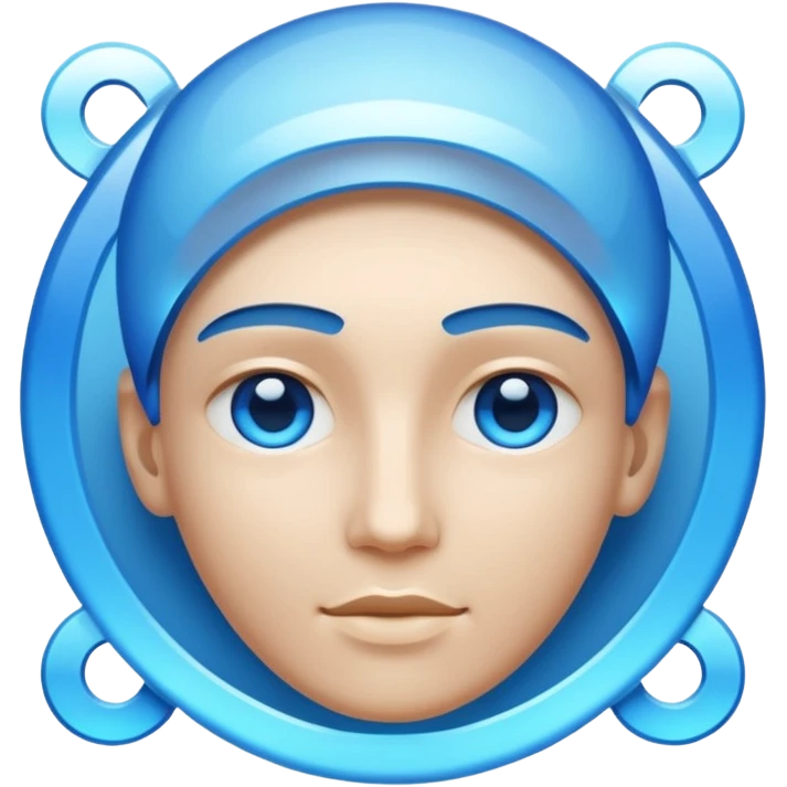 A non-human presence appearing as a glowing blue-white holographic interface with floating geometric shapes or a faint head-and-shoulders outline and no physical facial features. emoji