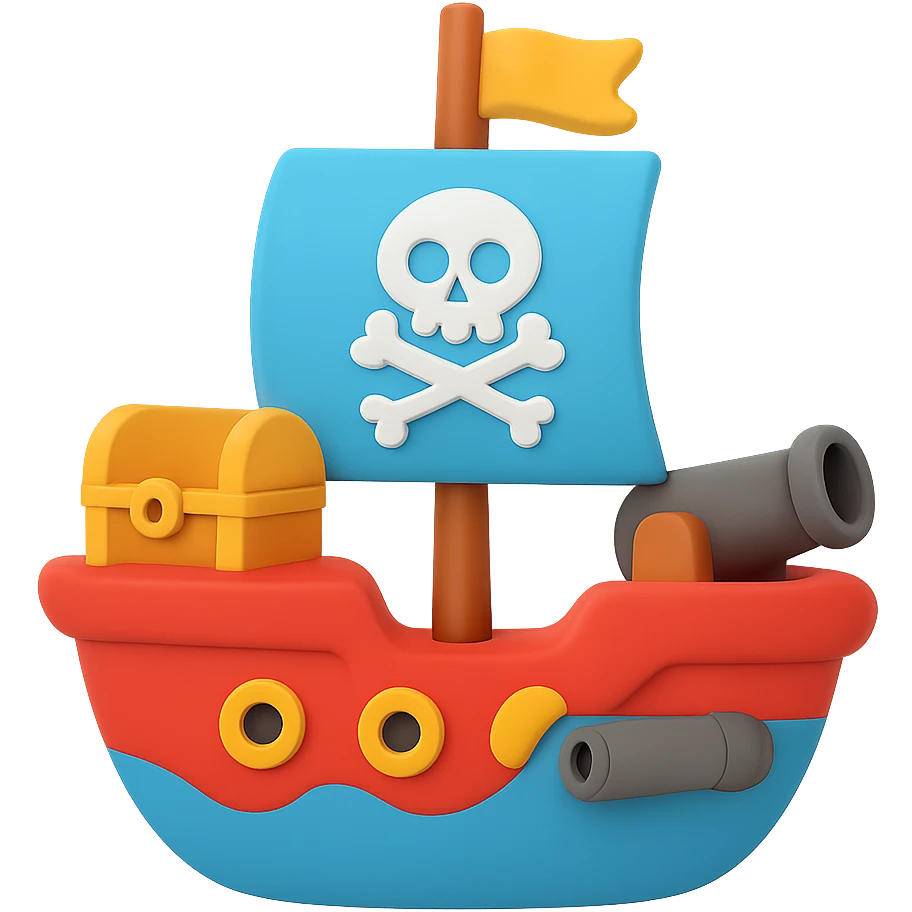 A colorful pirate ship with treasure chest and cannon emoji