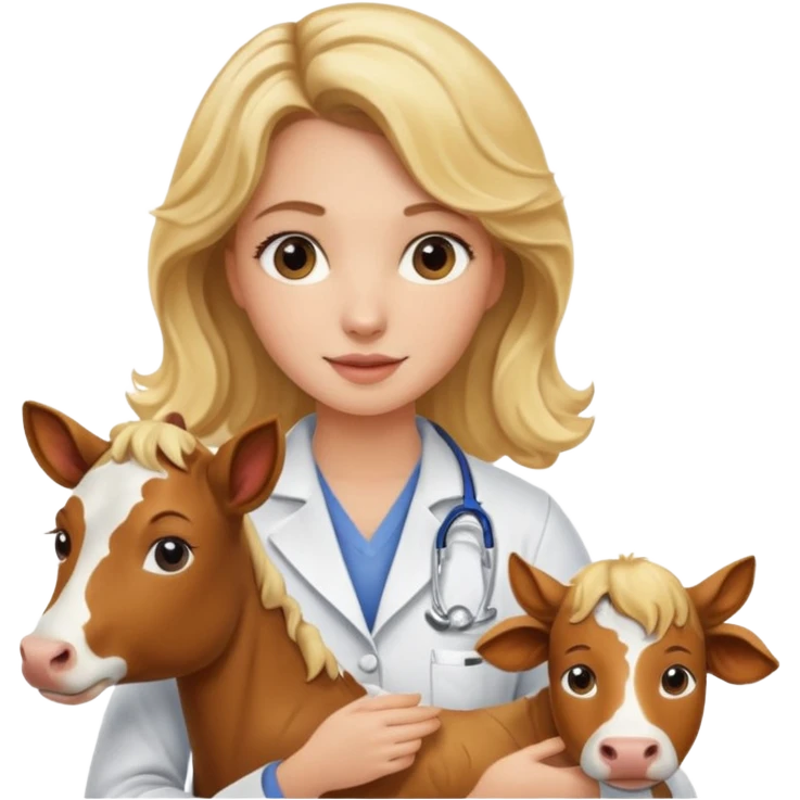 Joven mujer, de cabello bajo los hombros rubio con ondas, veterinaria de perros, vacas y caballos emoji