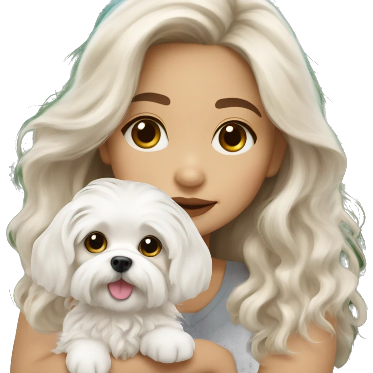 Maltese puppy with light skin Filipino girl owner long wavy hair emoji