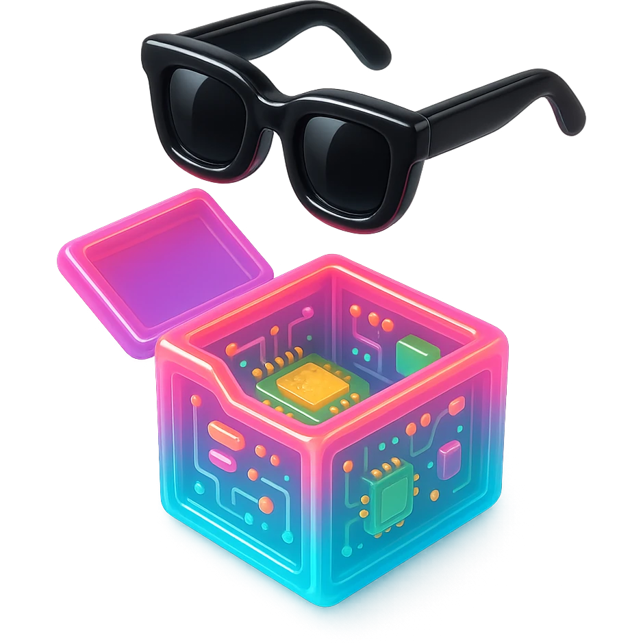a neon box opened with black sunglasses floating above, outlined with bright neon colors, minimal background emoji