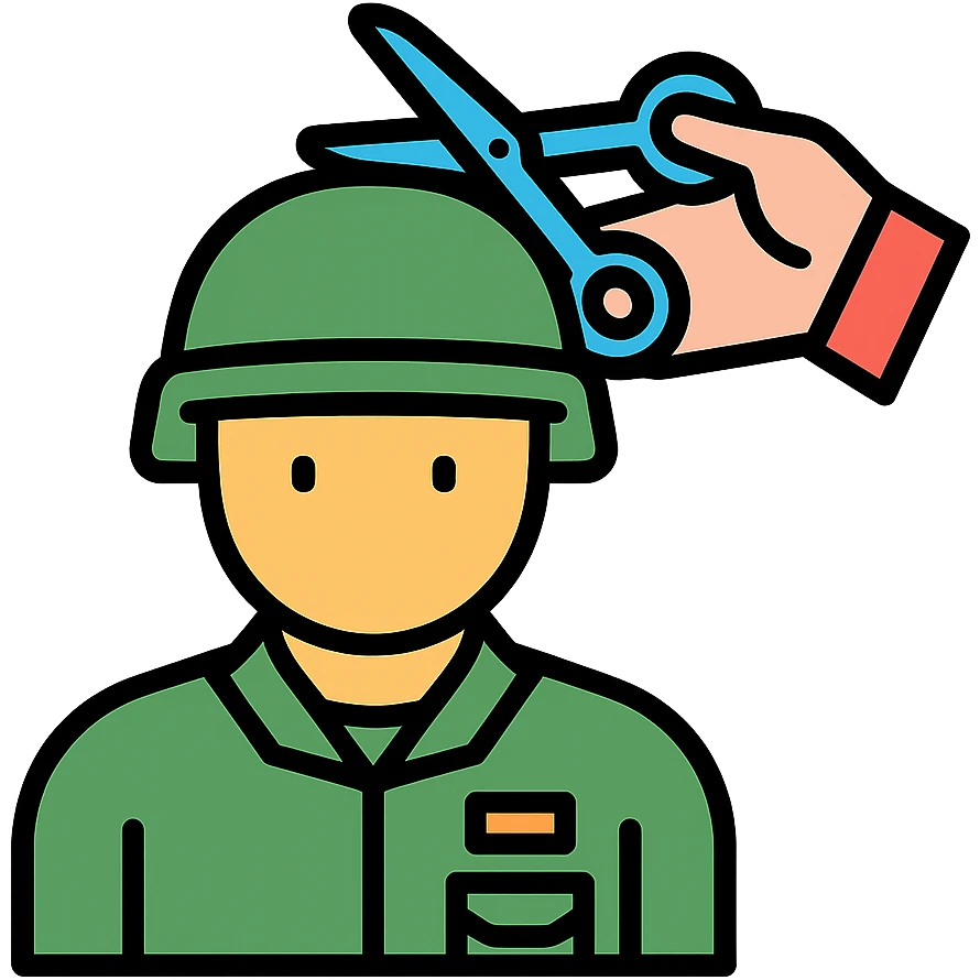 a soldier man getting a haircut, color outline icon style emoji