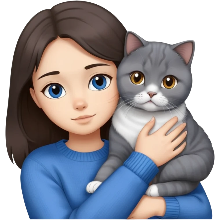 a girl with long dark brown hair in a blue sweater hugs a scottish fold gray and white one cat . emoji