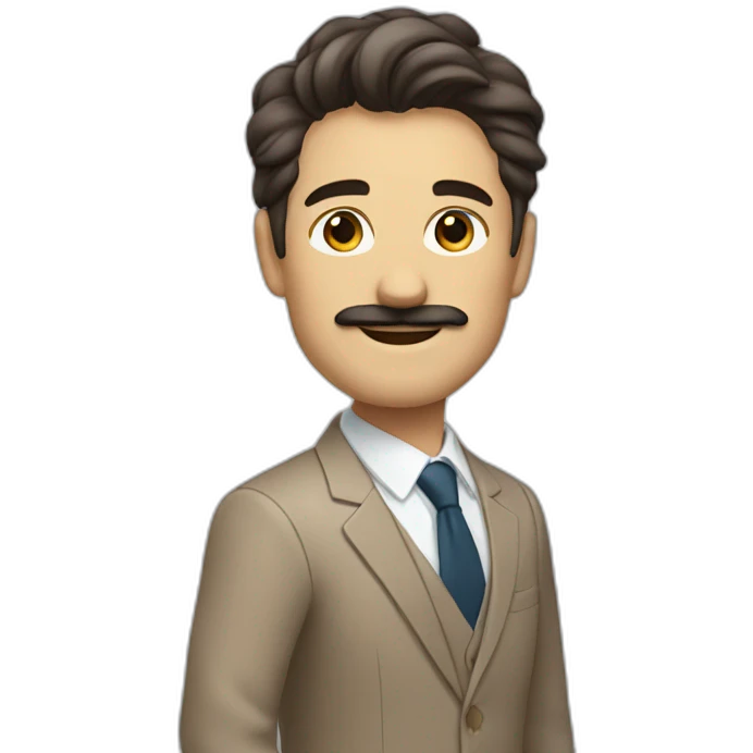 Man with light brown suit, dark hair and small mustache waving emoji