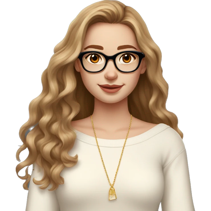 Girl with pale skin, long wavy brown hair with slight orange balayage wearing an off shoulder white sweater, a golden necklace, golden earrings and a pair of rectangular black glasses. She had dark brown eyes  emoji