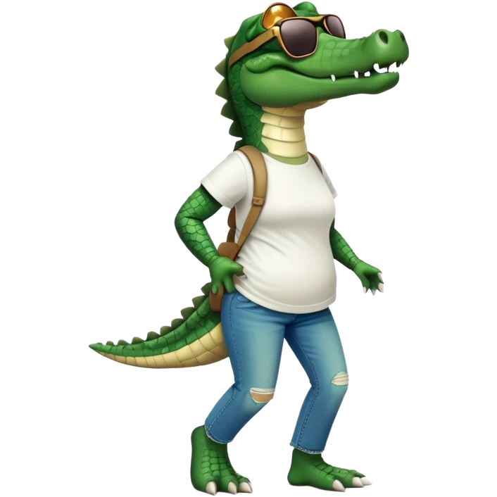 anthropomorphised female crocodile in a band t-shirt and jeans with sunglasses walking upright, relaxed pose emoji