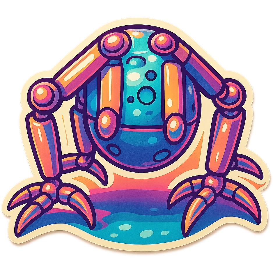 symmetrical 4 legged robot. center sphere with 4 evenly spaced legs. 1 leg extends from each side at sphere's equator walking emoji