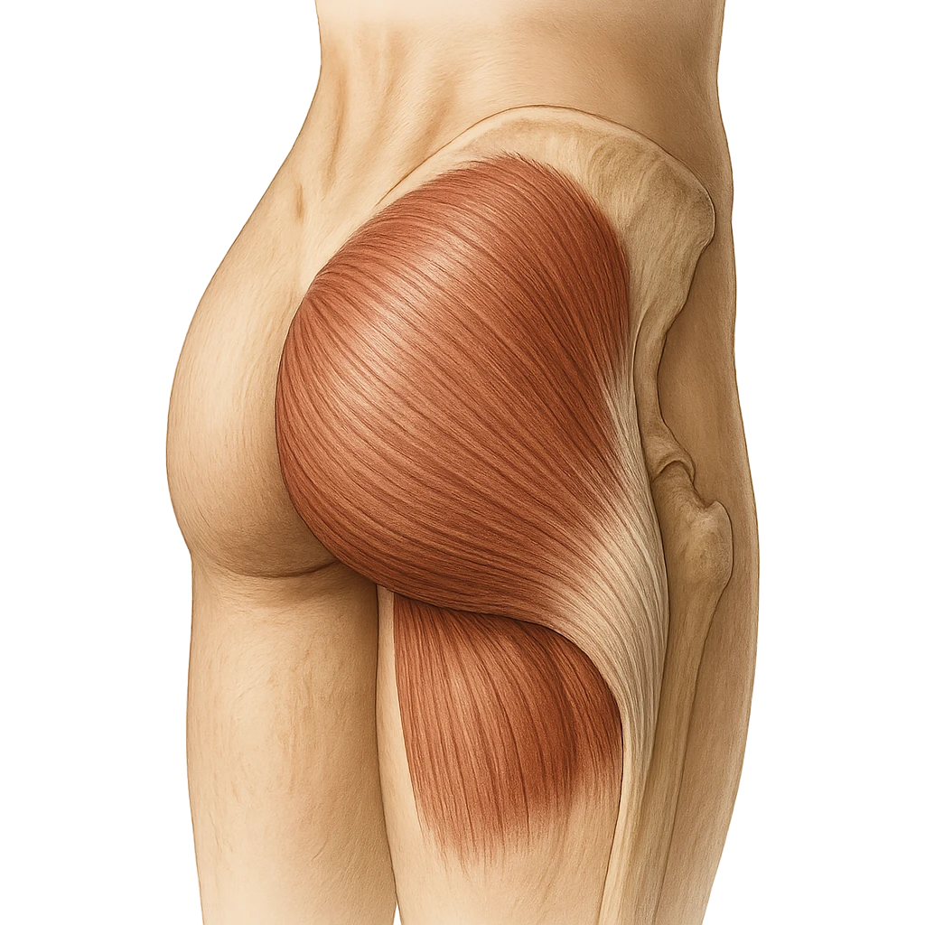 realistic and educational illustration of the gluteus maximus muscle, detailed anatomy, clear view of the main muscle of the posterior hip region, no explicit references to sensitive parts, neutral background emoji