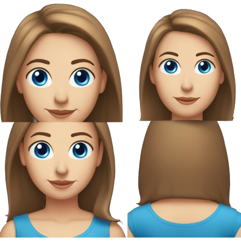 A head and shoulders shot of a 33 year old Caucasian woman, with straight brown hair,   with blue eyes wearing a t-shirt. emoji