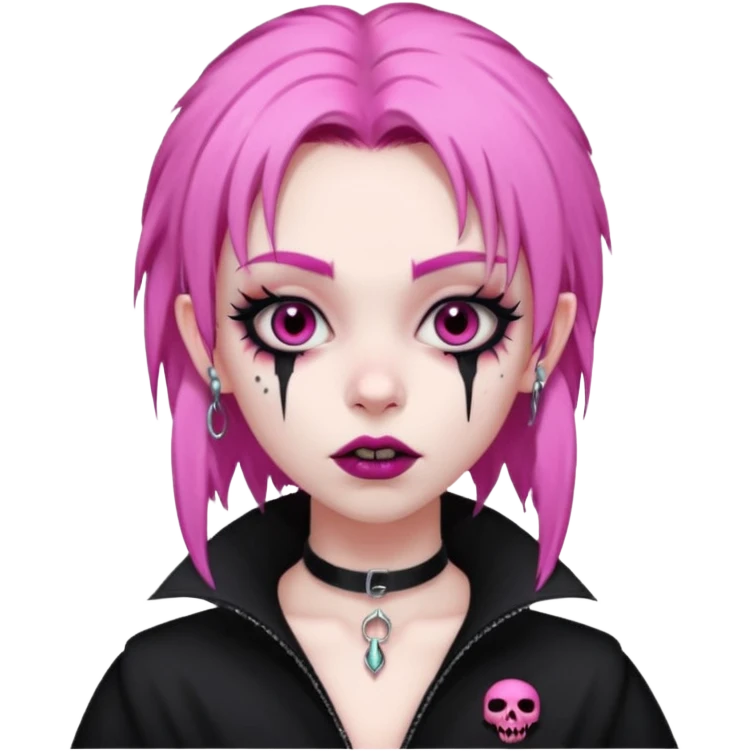 girl, pale black vampire, pink hair, very long, shaggy, dark, spooky,double eyebrow dermal piercing, creepy expression emoji