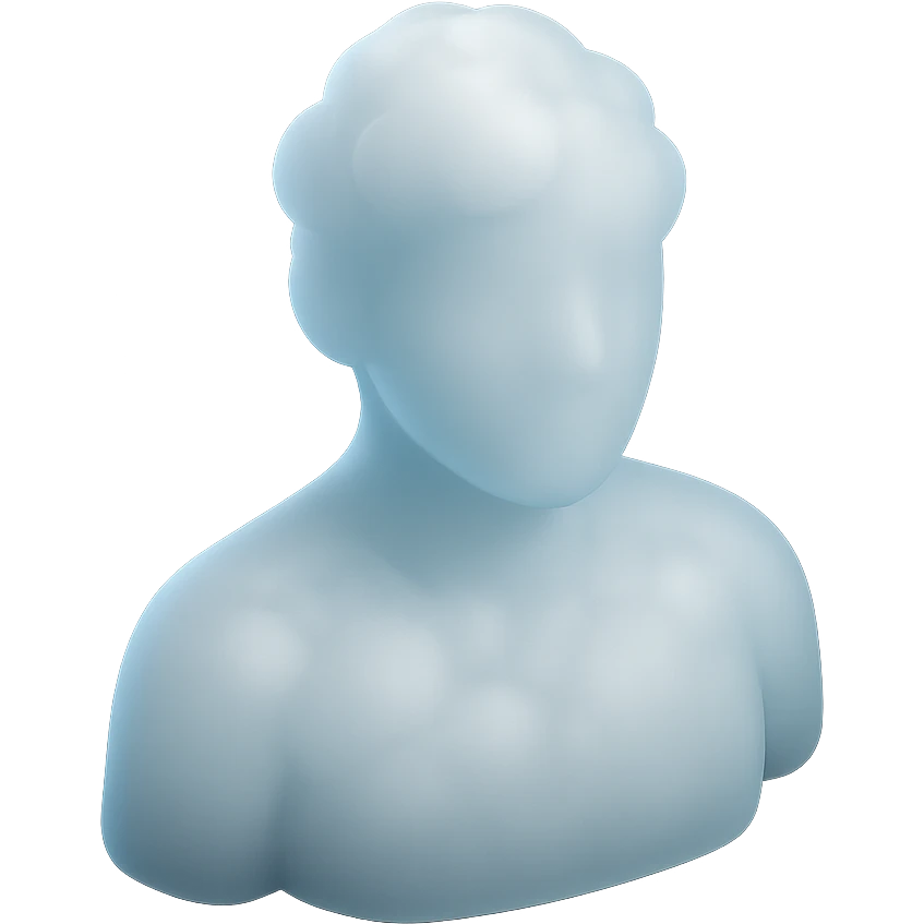 person made entirely of voluminous bright clouds, shoulder up, front view, matte glass style emoji