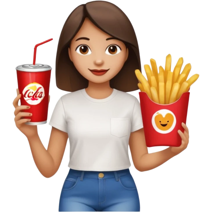 a young woman full length with cola in one hand and french fries in the other hand and a painting under her arm walking left emoji