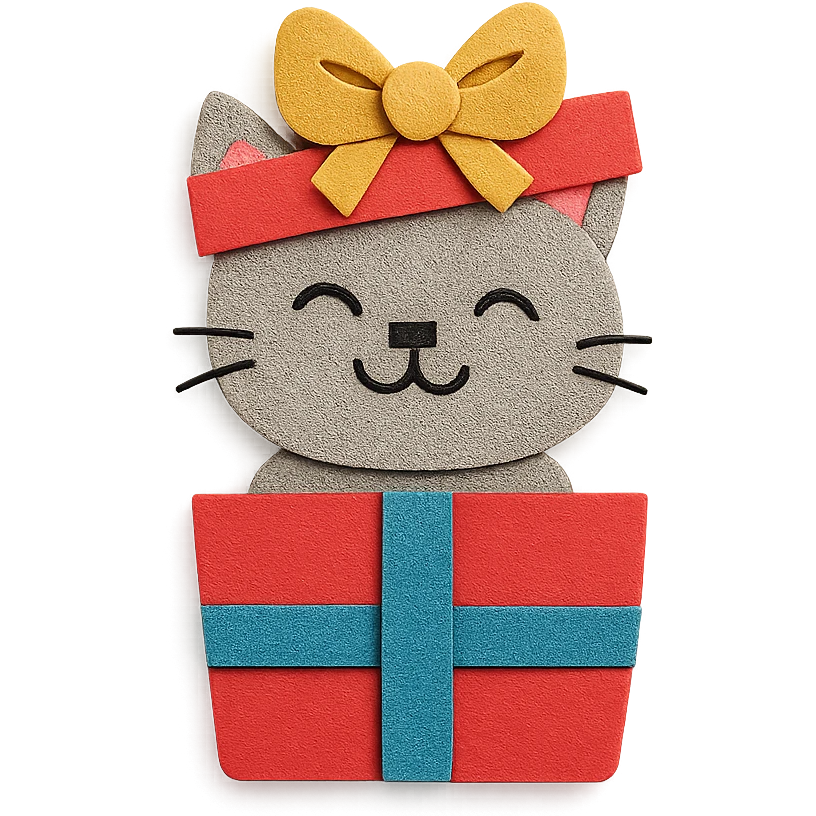 cat inside a gift box with a ribbon on head, smiling, paper-craft style emoji