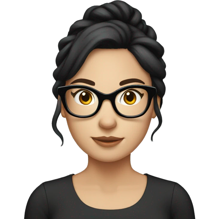 27-year-old white woman with glasses and black hair tied up emoji