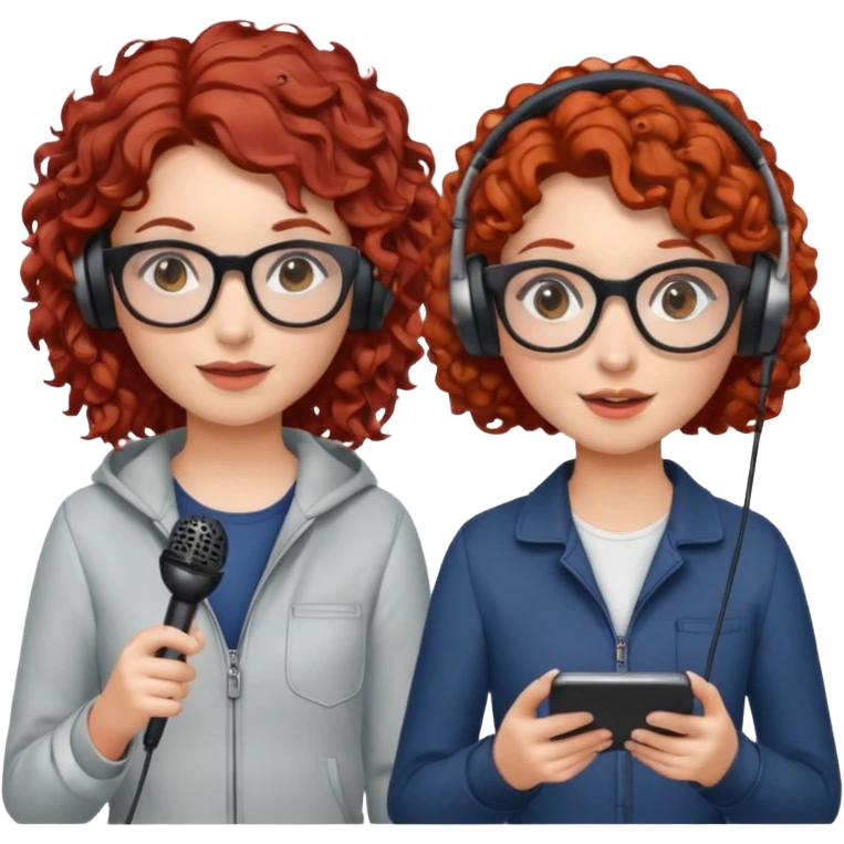 two girls. both white. one with curly red hair and glasses. one with curly brown hair without glasses. there are headphones and microphones for doing a podcast emoji