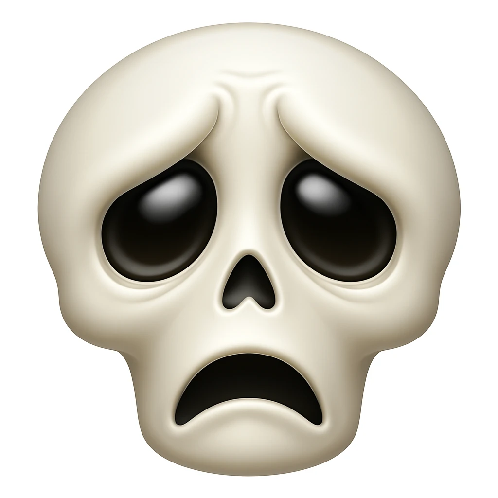 Make a sad skeleton face emoji exactly like the reference image, in iOS emoji style. Same expression, shape, and details, smooth and shiny. Add a subtle highlight. emoji