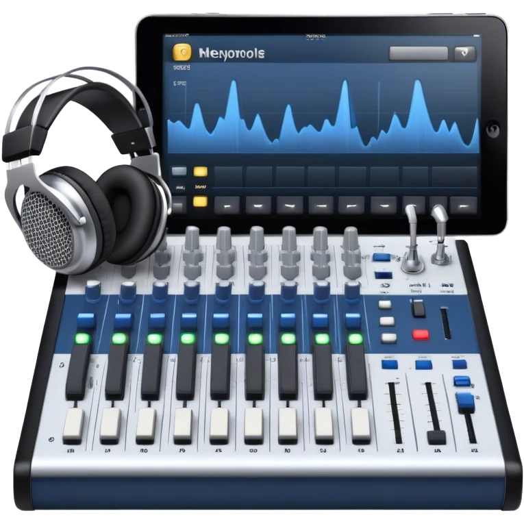 Create a professional and technical emoji that represents sound engineering. The design should feature a sound mixing console with faders, a pair of studio headphones, and audio waveforms to symbolize the precision and technicality of sound mixing and mastering. Include elements like a microphone or audio cables to reflect the recording aspect. Use colors like silver, black, and dark blue to represent the technical, yet artistic side of sound engineering. The background should be transparent. emoji