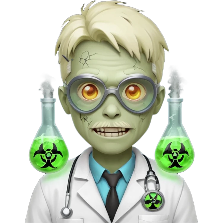 radioactive zombie scientist portrait, head and shoulders only, glowing toxic veins, cracked goggles, lab coat with radiation badge, sinister smile, 3D cartoon, mobile game icon style, clean background, no text, no watermark
 emoji