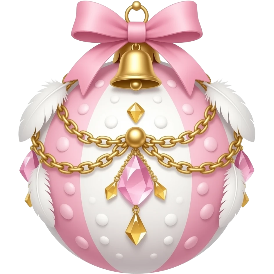 Hanging pastel Sakura-pink white-wooden gold crystals white-pearly ornament with a tiny cute gold bell and many tiny chained beads feathers emoji