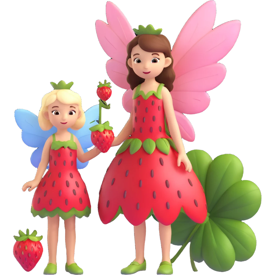 a fairy girl with wings and a dress standing next to a large strawberry emoji