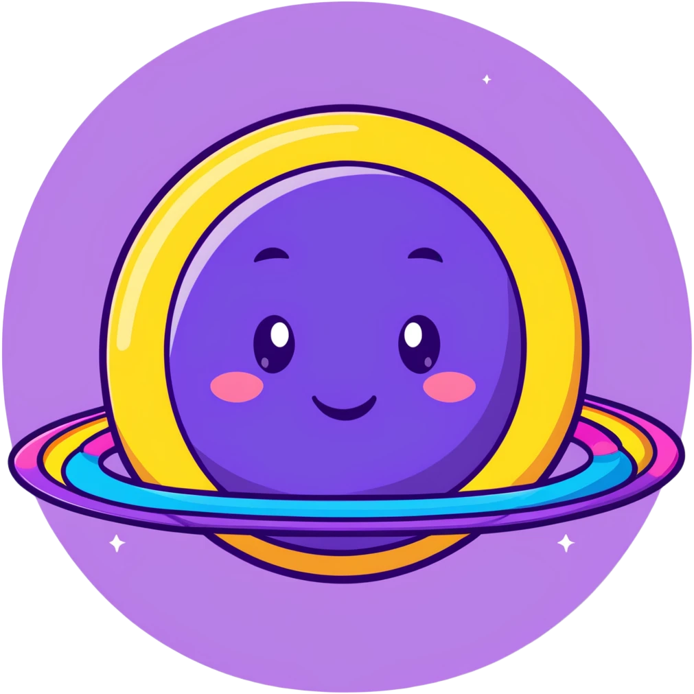 purple planet with colorful rainbow rings and a cute happy face with rosy cheeks emoji