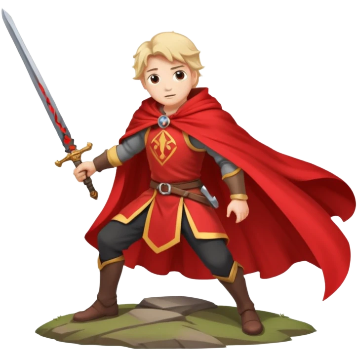 Character leaning on a sword stuck in the ground, wind whipping cape emoji