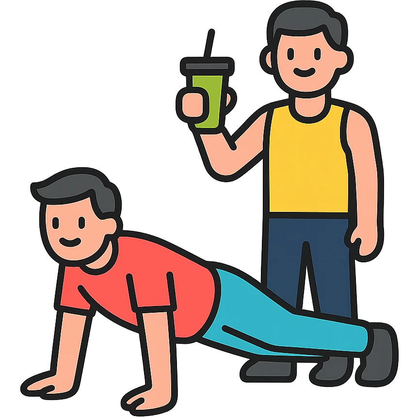 one man doing push-ups, the other man holding a smoothie cup, icon style, clean lines, fitness theme emoji