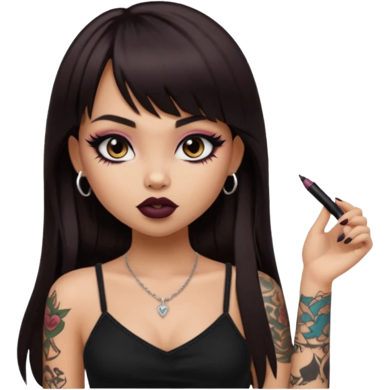 generate a pretty bratz girl in black cami top, dark brown straight long hair with bangs, eyeliner on, with tattoos emoji