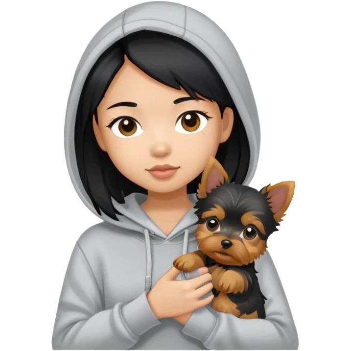 a black-haired asian girl in a gey hoodie with a yorkie puppy emoji