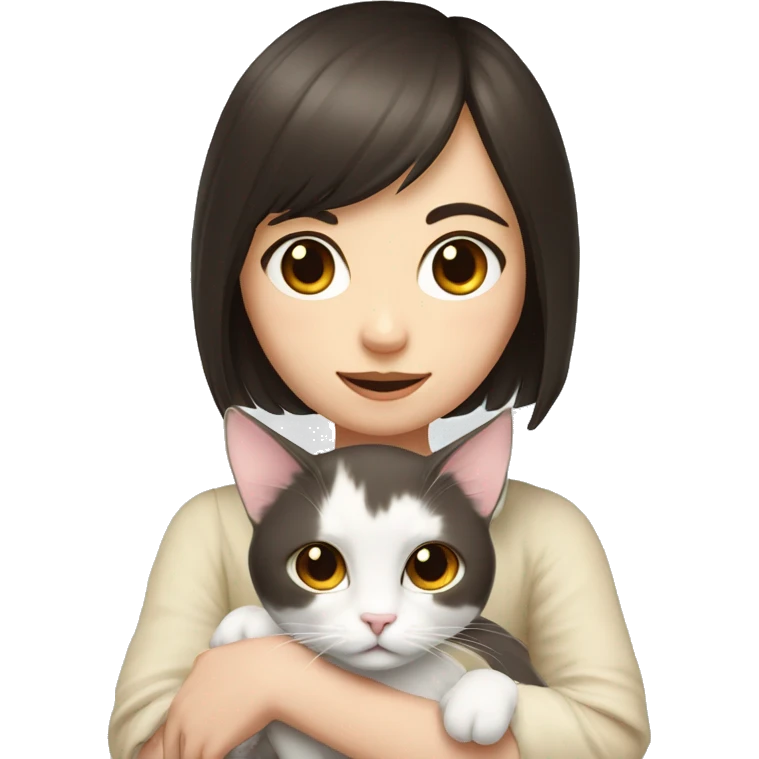 A pale girl with dark brown hair and dark brown eyes and bangs holds a white cat in her hands emoji