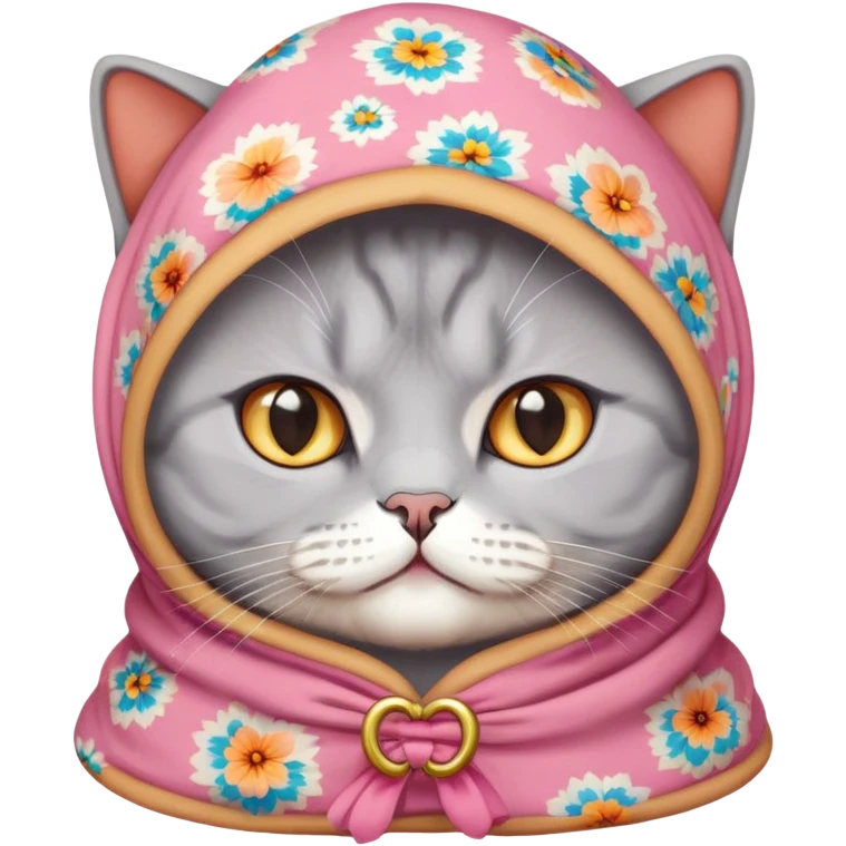 A british shorthair peach cat wearing a colorful babushka emoji